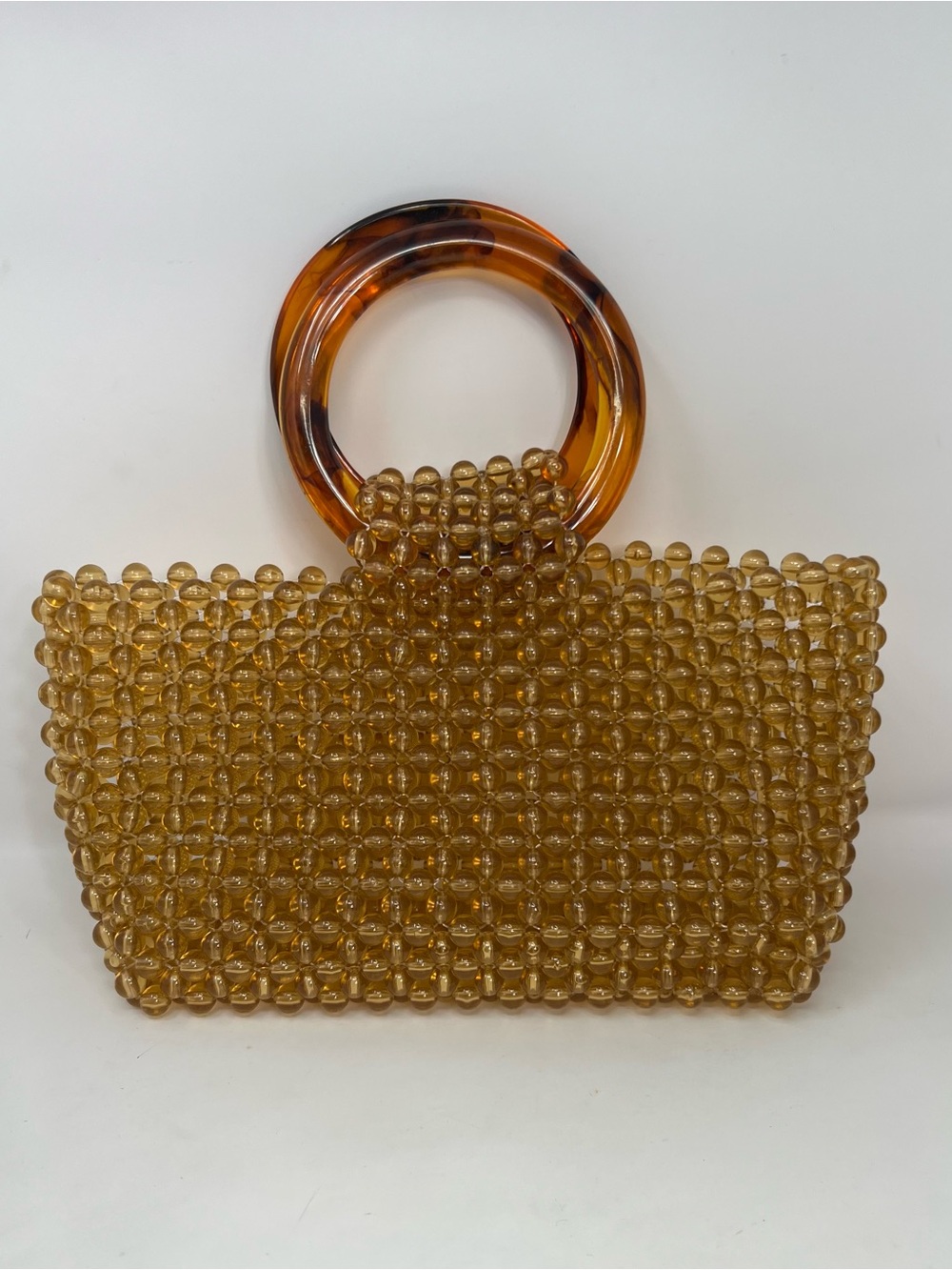 Vintage Amber Plastic Beaded Handbag Purse Faux Tortoiseshell Ring Handles Retro